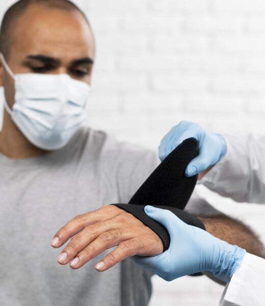 man-getting-his-wrist-wrapped-by-female-physiotherapist